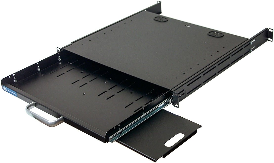 RSF1111BK21F4K3 1U Compact rack mount keyboard drawer with retractable mouse pad for either right or left hand operator supports 4 post rack from 18.85 inch up to 31 inch depth rack cabinet - Product Image