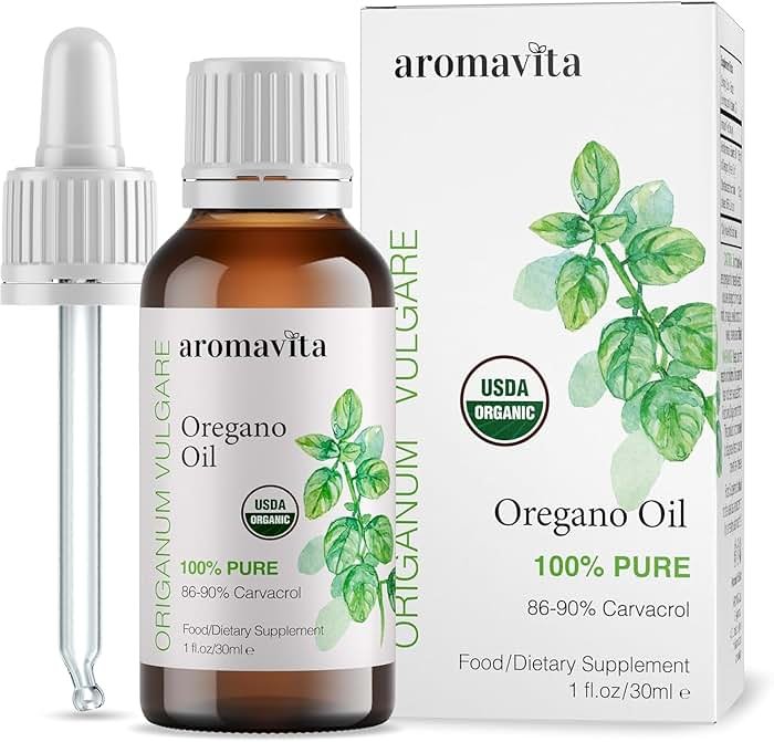 AROMAVITA Essential Organic Oil of Oregano-100% Pure Undiluted Greek Oregano Oil with Carvacrol - Over 86%, Non-GMO, Extra Strength Oregano Oil Organic Liquid Drops, 1 FL.OZ/30ml - Product Image