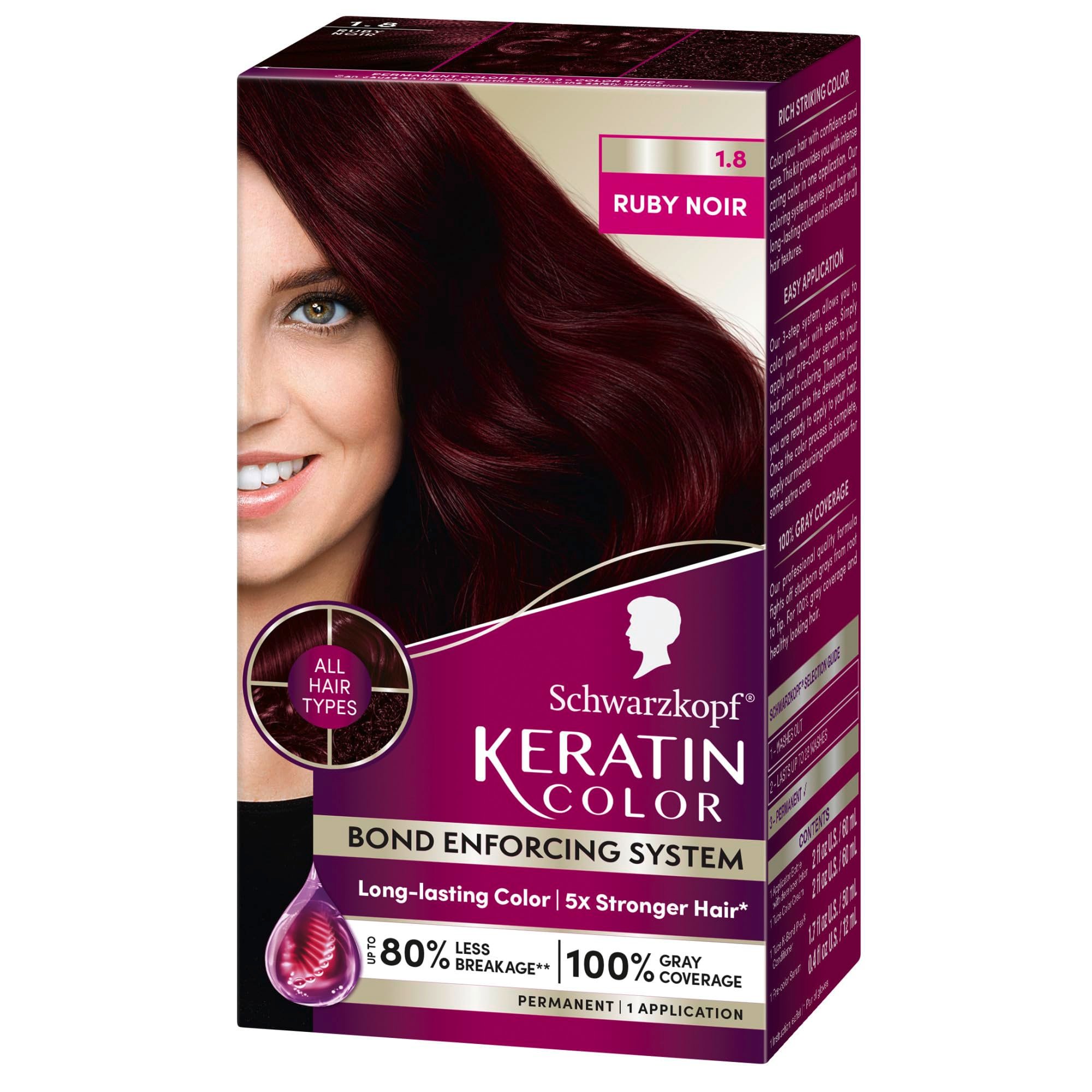 Schwarzkopf Keratin Permanent Hair Dye Cream, 1.8 Ruby Noir, Professional Quality Color for Up to 100% Gray Coverage, Bond Enforcing System - Product Image