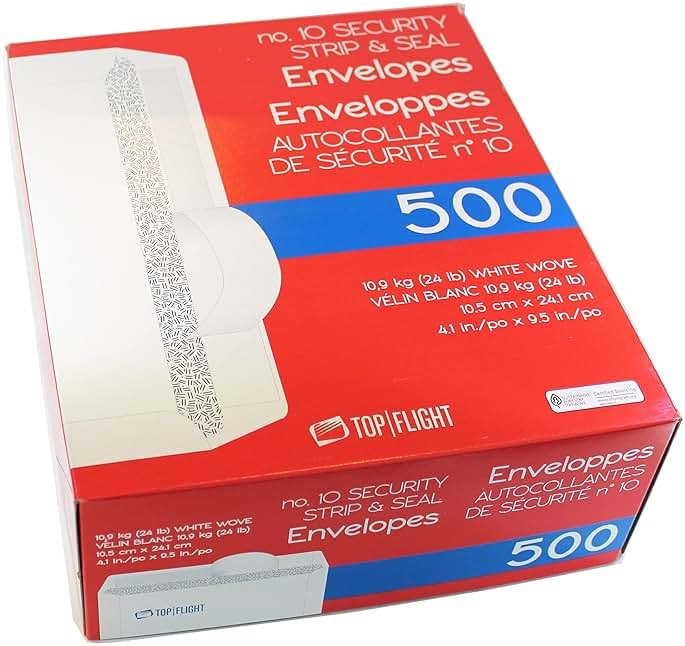 Top Flight PSTF10NWT #10 Envelopes, Strip & Seal, Security Tinted, White Paper, 24 lb, 500 Count - Product Image