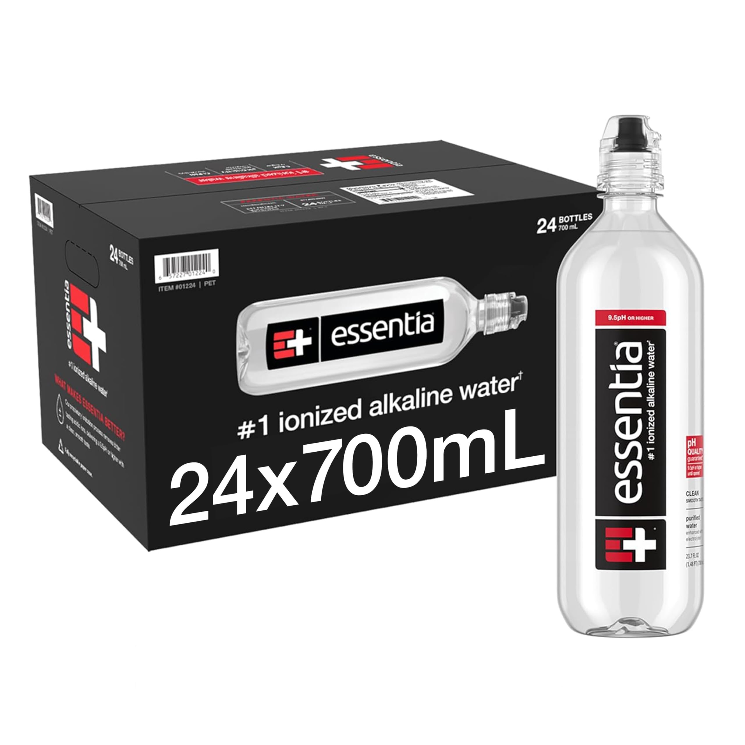 Essentia Water LLC, Ionized Alkaline Bottled Water; 99.9% Pure, Infused with Electrolytes, 9.5 pH or Higher with a Clean, Smooth Taste, 23.67 Fl Oz (Pack of 24) - Product Image