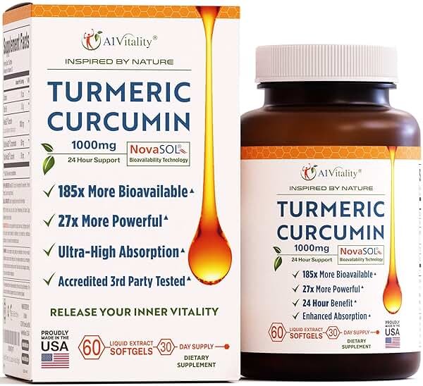 A1Vitality NovaSOL Turmeric Curcumin 1000mg – Clinically Proven 185x Higher Absorption – Promotes Joint Comfort, Mobility & Overall Wellness – Non-GMO, Doctor Formulated, 60 Softgels. - Product Image