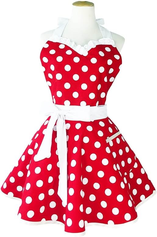 Hyzrz Lovely Sweetheart Retro Kitchen Aprons Woman Girl Cotton Polka Dot Cooking Salon Dress Pinafore Vintage Apron Mothers Gift (Red) - Product Image
