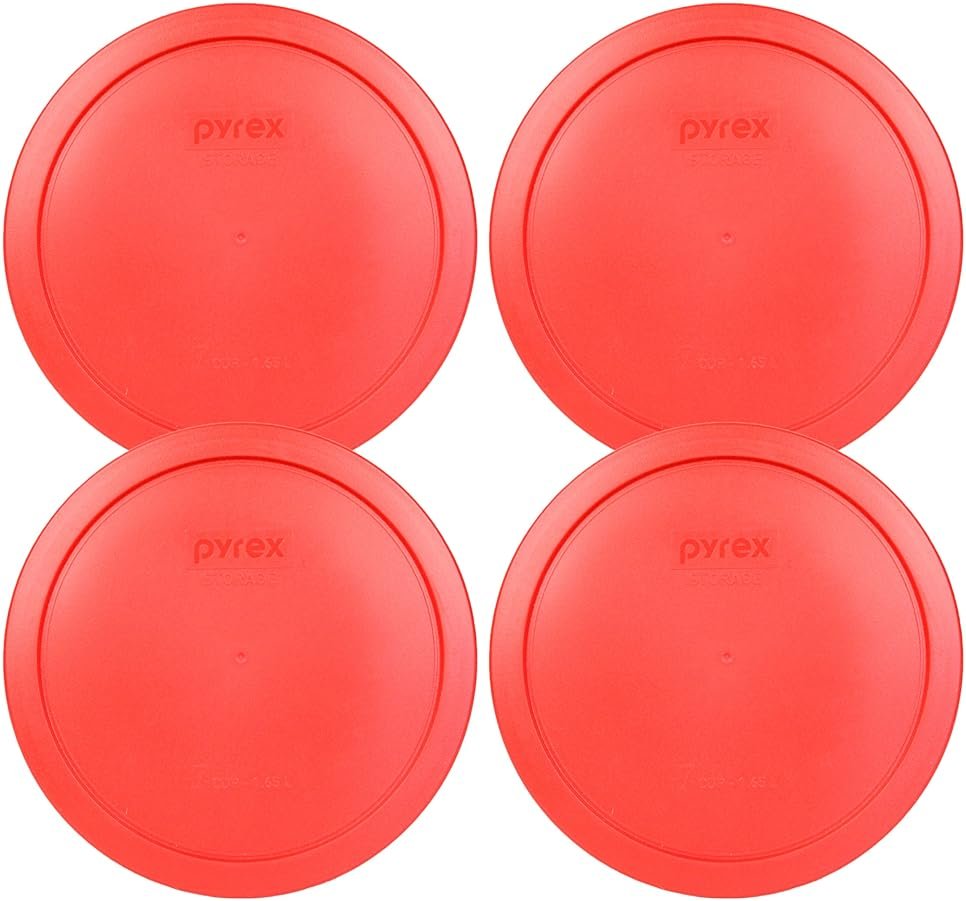 Pyrex 7402-PC Red Food Storage Replacement Lid (This Lid Fits the Pyrex 7402 6-Cup SCULPTED MIXING BOWL and 7203 7-Cup Glass Bowl) (4 Pack) - Made in USA - Product Image