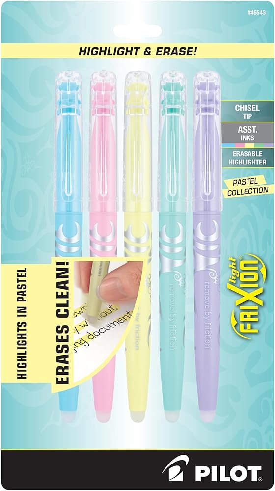 Pilot FriXion Light Pastel Collection Erasable Highlighters, Chisel Tip, Highlighter Pens, Assorted Color Inks, 5-Pack - Product Image