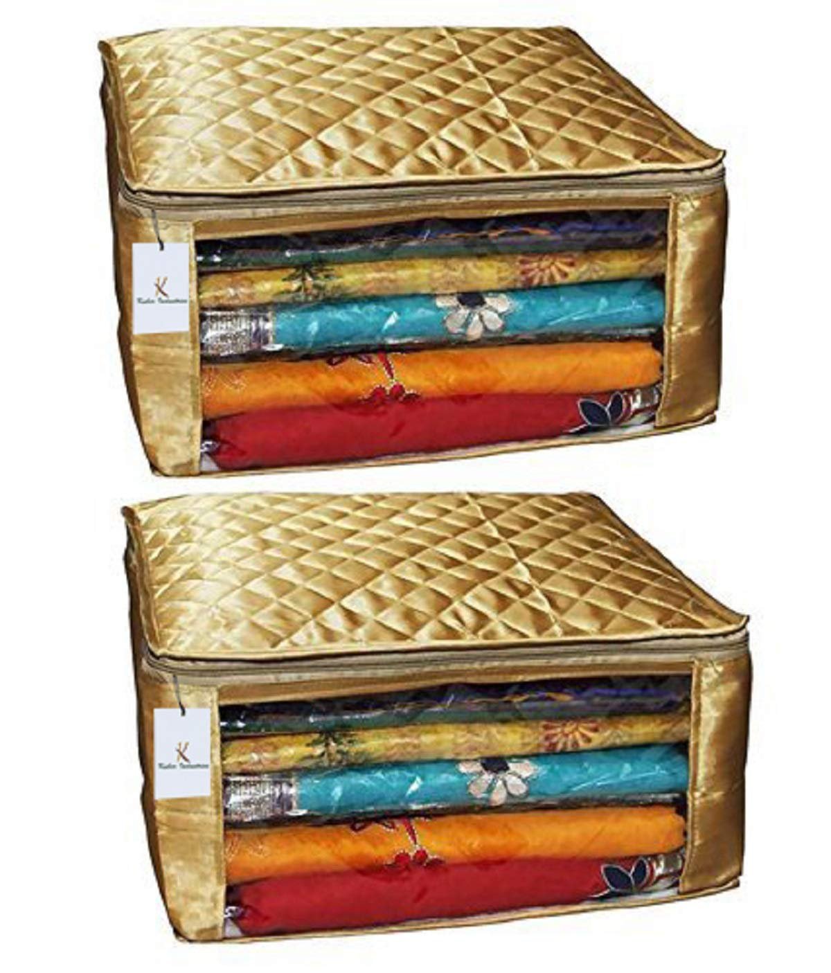 Kuber Industries Saree Cover Set of 2 Pcs Large Size in Golden Satin Wedding Gift - Product Image