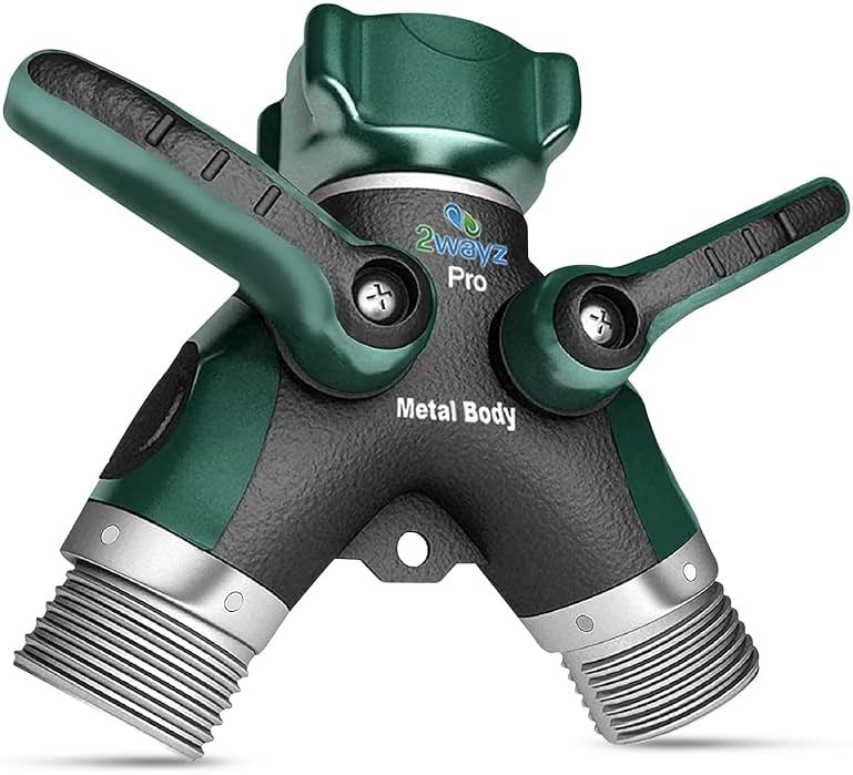 2WAYZ Hose Splitter 2 Way Heavy Duty Outdoor Faucet and Garden Connector - Water Spigot Splitter - Durable All-Metal Y Adapter with Shut-Off Valve - 4 x 4 x 1.5 Inches - Product Image