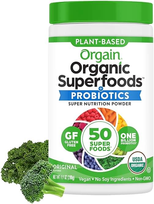 Orgain Organic Greens Powder + 50 Superfoods, Original - 1 Billion Probiotics for Digestive Health, Antioxidants, Vegan, Plant-Based, Gluten-Free, Non-GMO, Green Juice & Smoothie Drink Mix - 0.62lb - Product Image