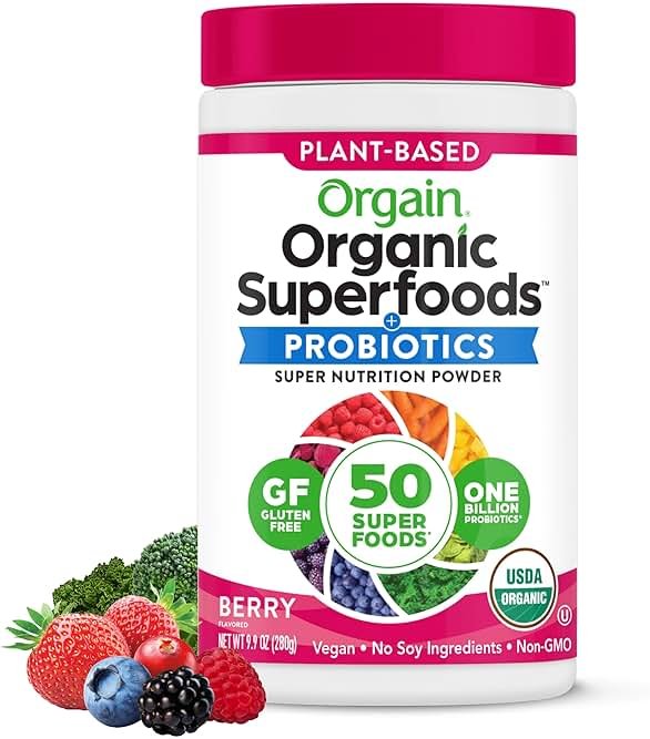 Orgain Organic Greens Powder + 50 Superfoods, Berry - 1 Billion Probiotics for Digestive Health, Antioxidants, Vegan, Plant-Based, Gluten-Free, Non-GMO, Green Juice & Smoothie Drink Mix - 0.62lb - Product Image