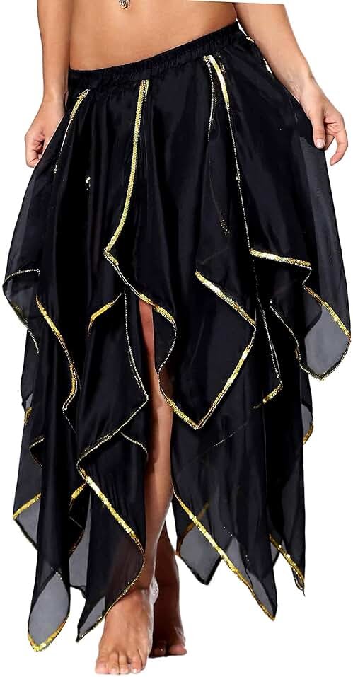 Seawhisper 10 Panel Skirt Women - Handkerchief Maxi Skirt with Gold Sequins, Multi-Use Adult Belly Dance Skirt - Product Image
