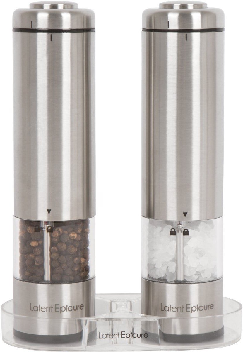 Latent Epicure Electric Salt and Pepper Grinder Set, USB-C Rechargeable Stainless Steel Mills with LED Light, Adjustable Ceramic Grinders and Acrylic Mill Rest Tray - Product Image