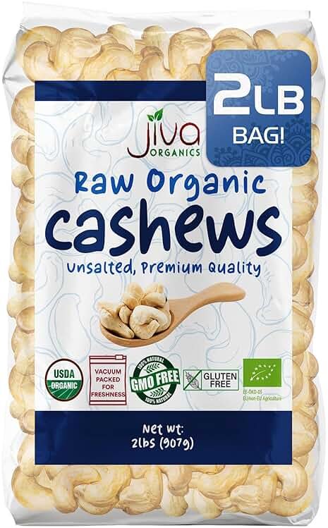 Organic Raw Cashews 2 LB Bag, Gluten-Free, Non-GMO, Vegan, Whole Raw Nuts, Unsalted, Unroasted, Crunchy & Healthy Snack, For Baking & Cooking by Jiva Organics - Product Image