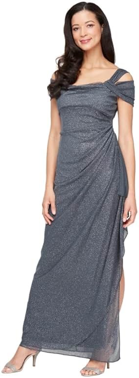 Alex Evenings Women's Long Cold Shoulder Dress (Petite and Regular Sizes), Smoke Glitter, 8 - Product Image