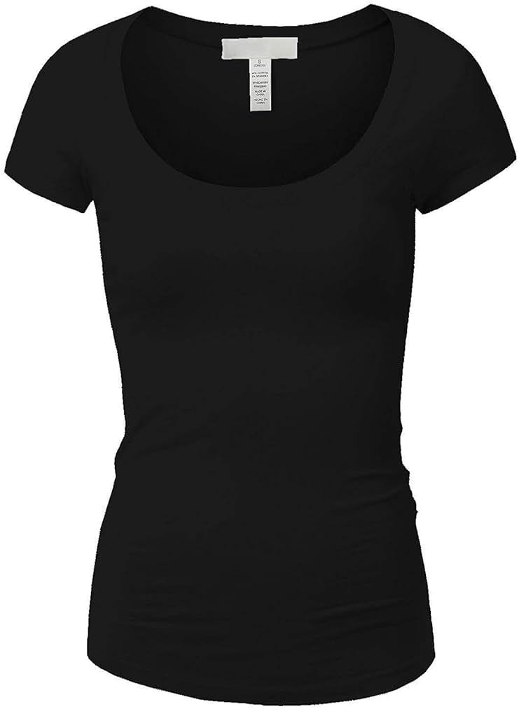 Active Basic Womens Plain Basic Deep Scoop Neck with Cap Short Sleeves, Black, M - Product Image