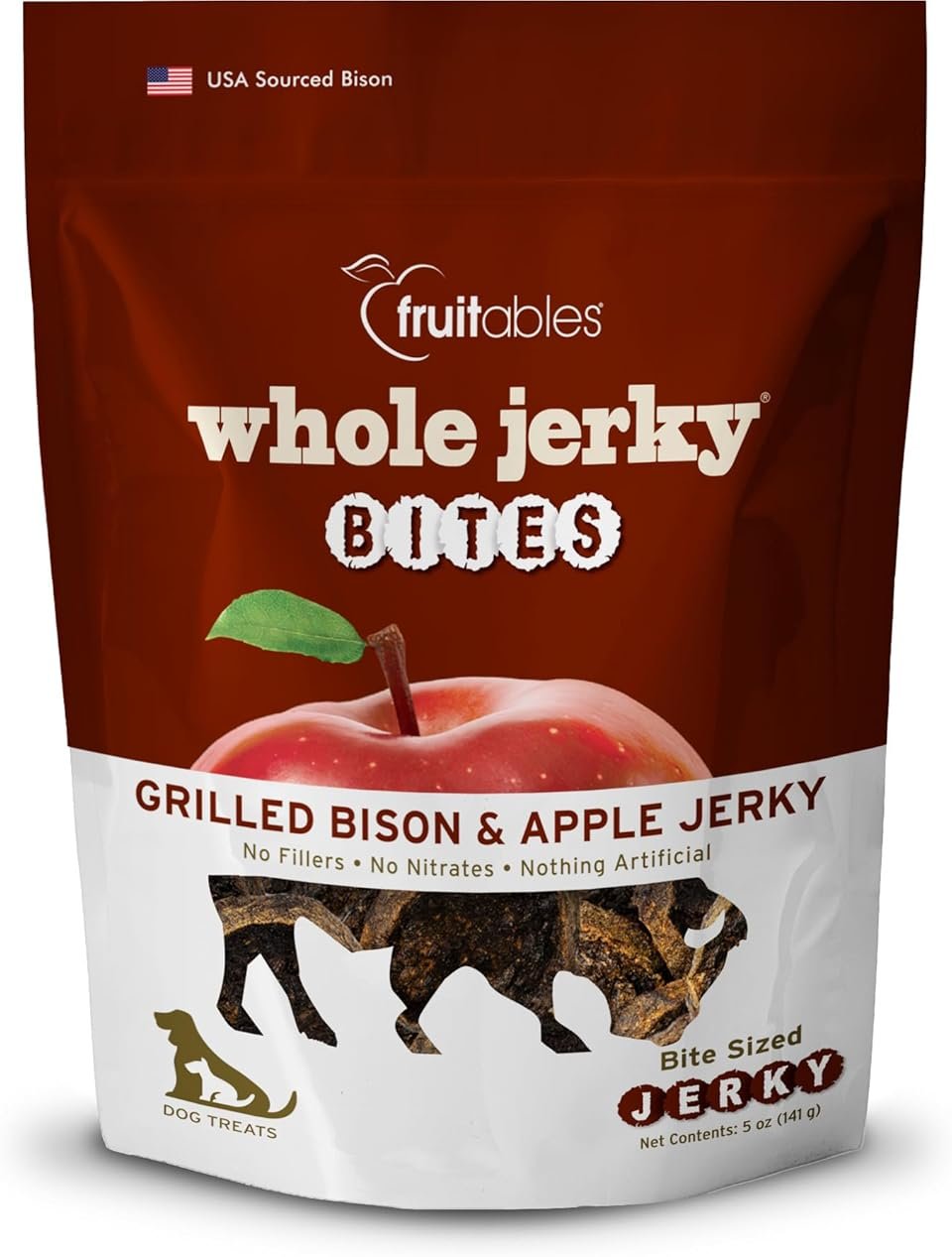 Fruitables Whole Jerky Bites, Healthy Dog Treats, Puppy Essentials, Jerky Dog Treats, Made in the USA, No Artificial Ingredients, Grilled Bison & Apple Flavor, 5oz - Product Image