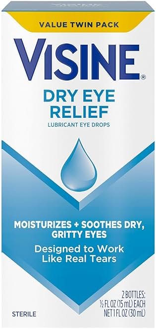 Visine Dry Eye Relief Lubricant Eye Drops to Moisturize and Soothe Irritated, Gritty and Dry Eyes, Designed to Work Like Real Tears, Polyethylene Glycol 400, 0.5 fl. oz, 2 Pack - Product Image