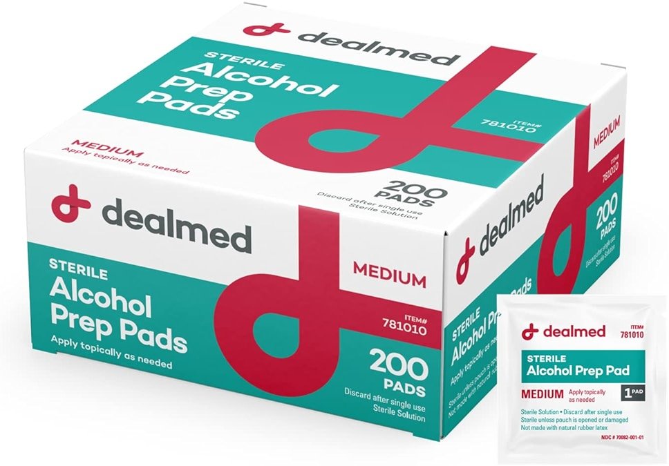 Dealmed 200 Sterile Alcohol Prep Pads Isopropyl Wipes Individually Wrapped Medium Square, 2-Ply for Cuts Scrapes and General Cleansing - Product Image