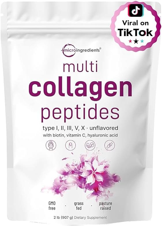 Micro Ingredients Multi Collagen Peptides Powder, 2lb (82 Servings) – Hydrolyzed Type I,II,III,V,X with Biotin, Hyaluronic Acid, Vitamin C – Unflavored Collagen for Women & Men, Easy Dissolve - Product Image