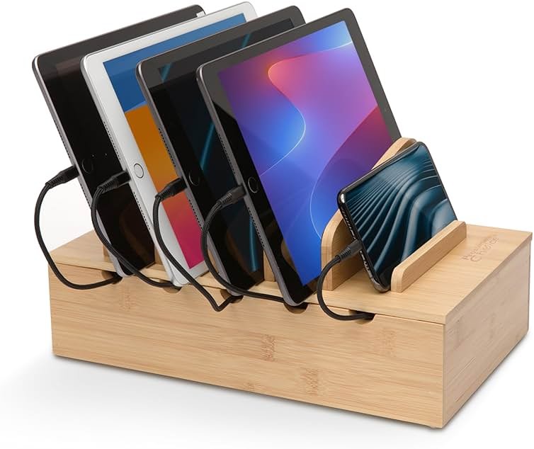 Prosumer's Choice Wooden Charging Station Organizer - 5-Port Base for Phones, Tablets and Laptops - Multi-Device Docking Station with Removable Divider Slots - Cord Box with Cable Management - Bamboo - Product Image