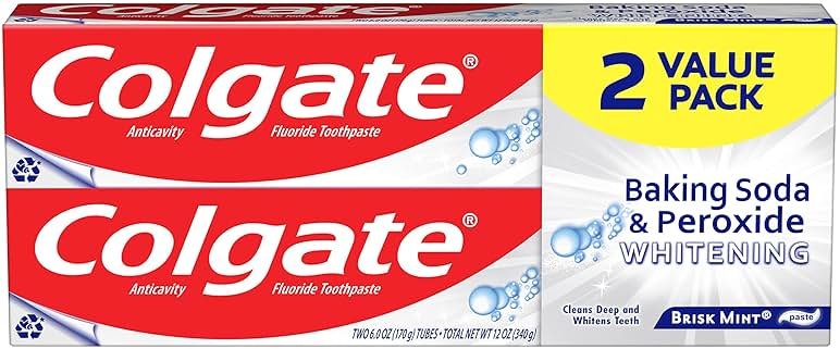 Colgate Baking Soda & Peroxide Toothpaste - Whitens Teeth, Fights Cavities & Removes Stains, Brisk Mint, 6 Ounce (Pack of 2) - Product Image
