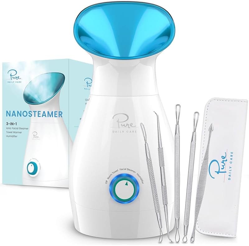 Pure Daily Care NanoSteamer Large 3-in-1 Nano Ionic Facial Steamer with Precise Temp Control - Humidifier - Unclogs Pores - Blackheads - Spa Quality - Bonus 5 Piece Stainless Steel Skin Kit (Teal) - Product Image