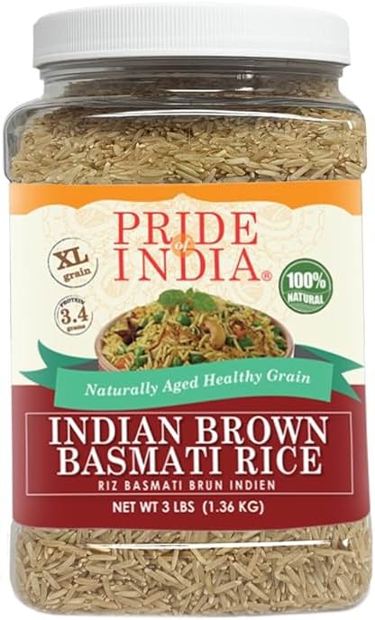 Pride Of India - Extra Long Brown Basmati Rice - Naturally Aged Healthy Grain, 3 lbs Jar - Product Image