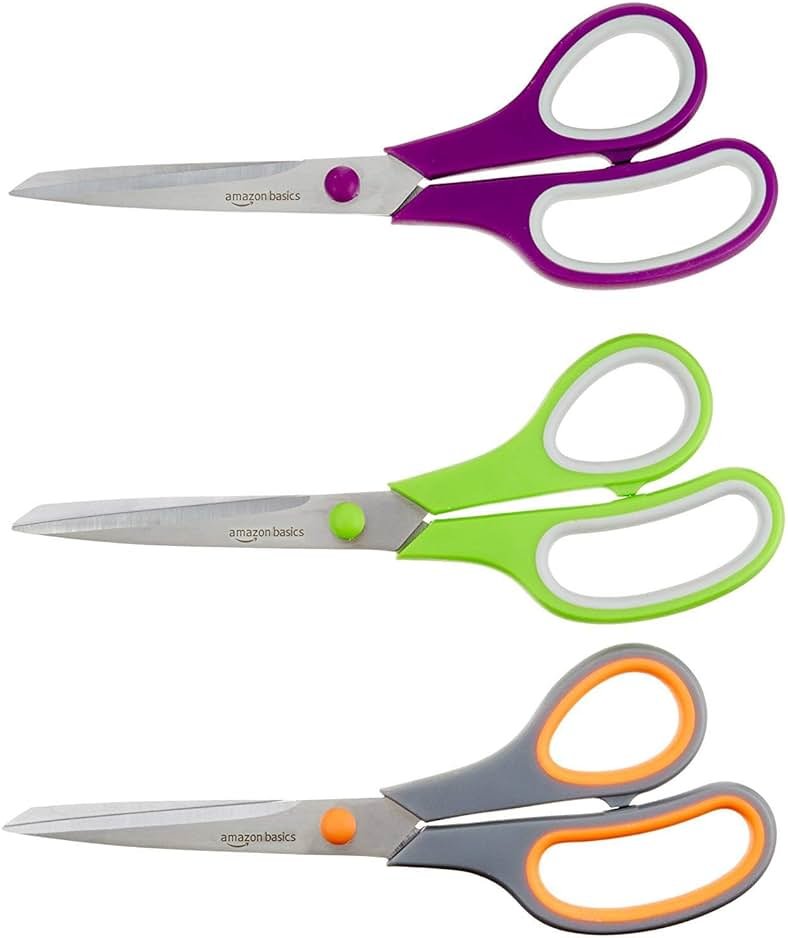 Amazon Basics Multipurpose Stainless Steel Scissors for Office, Crafts, Right/Left Handed, Comfort Grip, PVD Coated, 3-Pack, Multicolor - Product Image