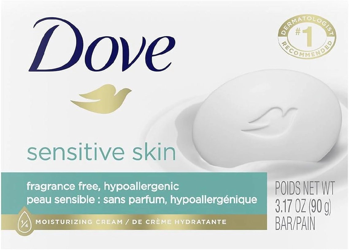 Dove Beauty Bar Soap, Sensitive Skin 2-Size Variety 3-Pack with Moisturizing Cream for Soft, Smooth Skin, Hypoallergenic, Fragrance-Free - Product Image