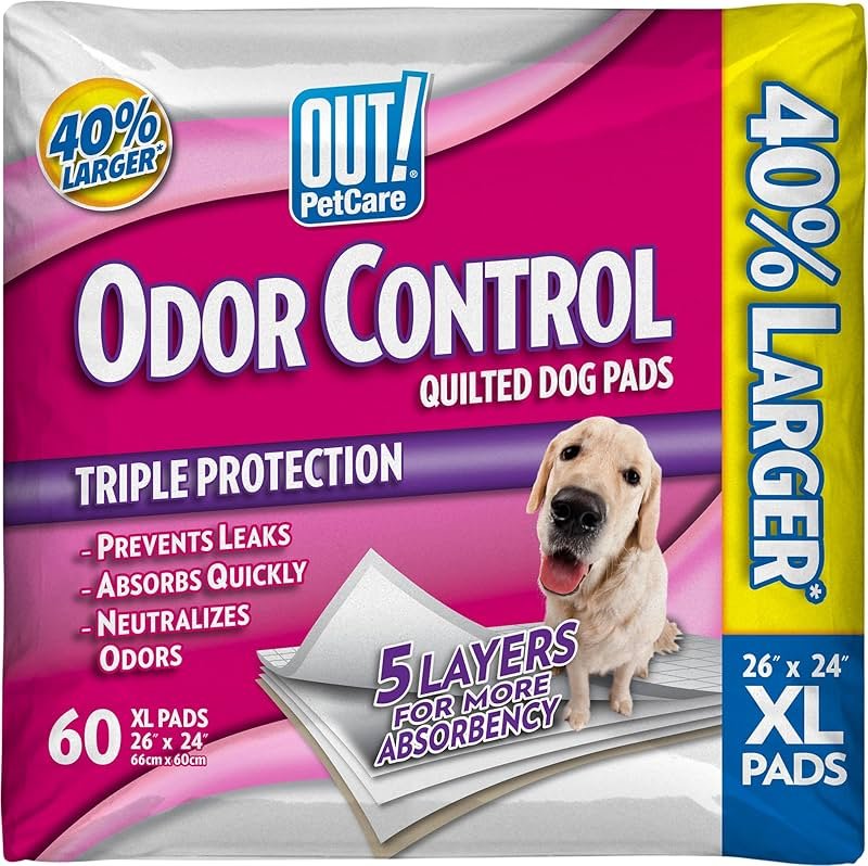 OUT! PetCare XL Training Pads, Leak-Proof Disposable Pee Pads for Dogs, Potty Training with Odor Control, Extra Absorbent, Housebreaking, Dog Crate & Travel, Puppy Essentials 26"x24", 60 Count - Product Image