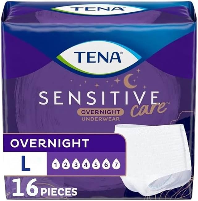 TENA Sensitive Care Overnight Incontinence Underwear for Women, Large (Waist Sizes 32in–42in), Better Fit, 16 Count - Product Image