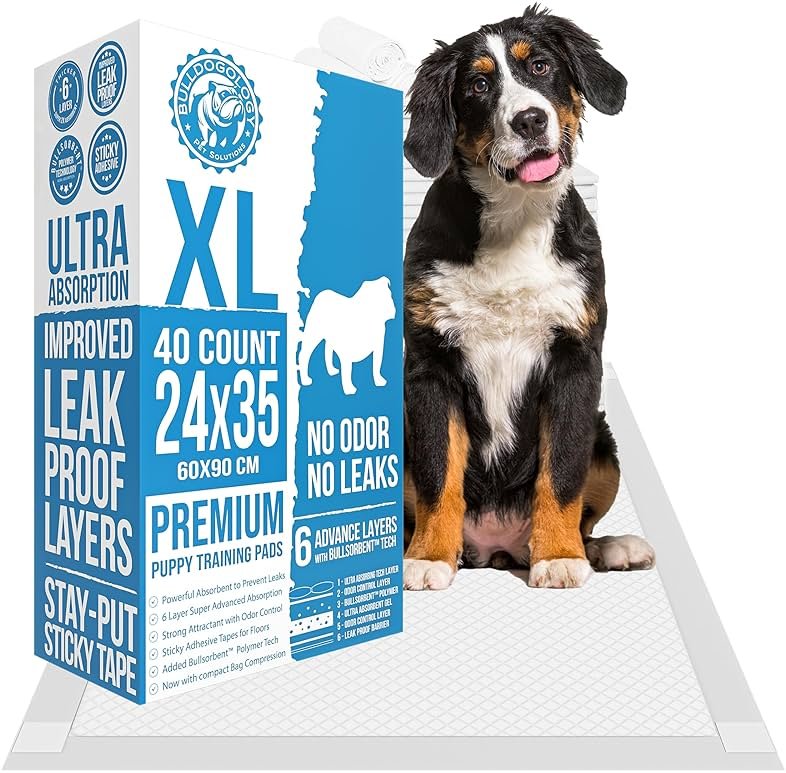 Bulldogology Pee Pads for Dogs XL with Adhesive Sticky Tape (24x35) Dog Puppy Pads Extra Large, Disposable Puppy Pads, Dog Training Wee Pads 6 Layers with Bullsorbent Polymer Tech (40-Count, White) - Product Image