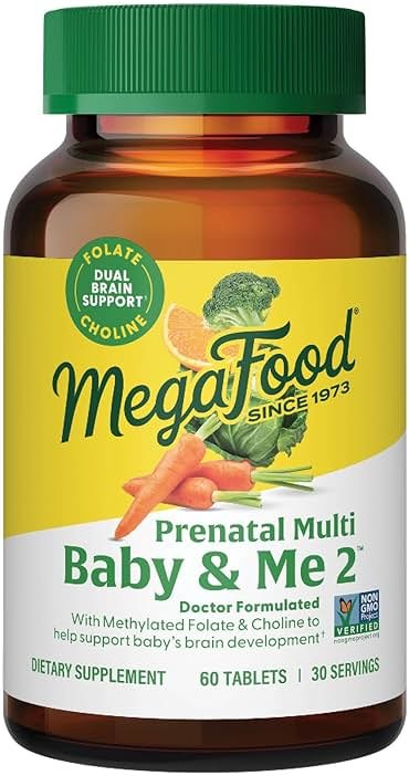 MegaFood Baby & Me 2 Prenatal Vitamin and Minerals - Vitamins for Women - with Folate (Folic Acid Natural Form), Choline, Iron, Iodine, and Vitamin C, Vitamin D and more - 60 Tabs (30 Servings) - Product Image