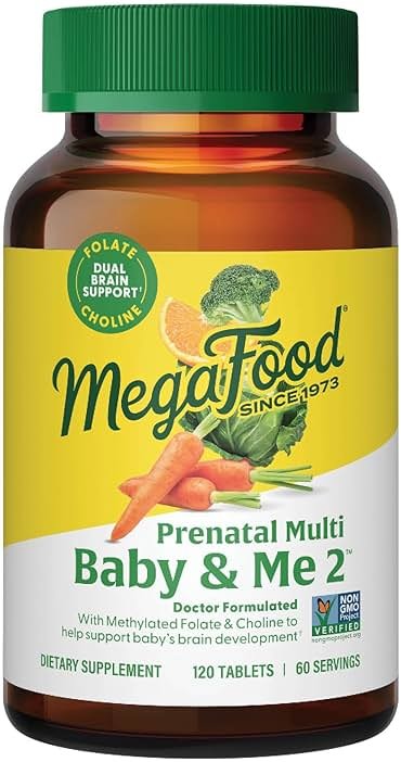 MegaFood Baby & Me 2 Prenatal Vitamin and Minerals - Vitamins for Women - with Folate (Folic Acid Natural Form), Choline, Iron, Iodine, and Vitamin C, Vitamin D and more - 120 Tabs (60 Servings) - Product Image