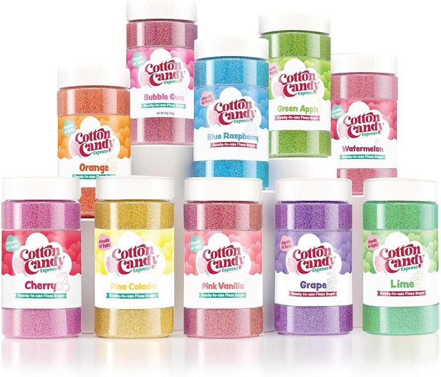 Cotton Candy Express Floss Sugar Variety Pack, 10 - 11oz Plastic Jars of Pina Colada, Orange, Bubble Gum, Grape, Watermelon, Green Apple, & More - Product Image