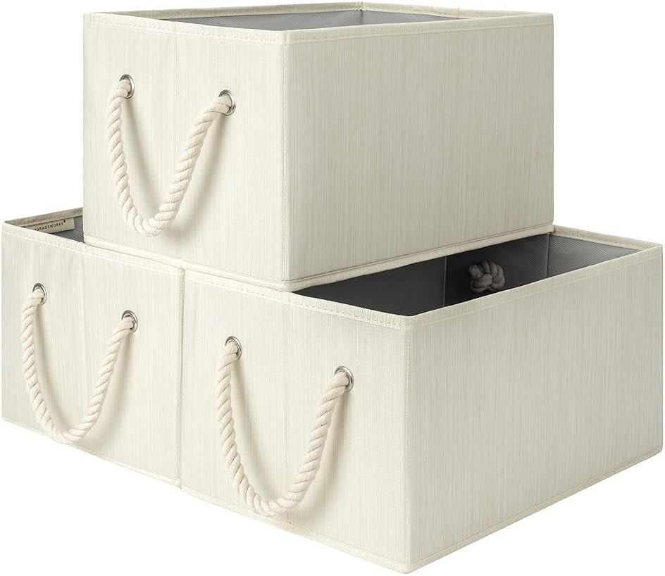 StorageWorks Storage Baskets for Shelves, Fabric Storage Bins, Closet Organization and Storage Basket, Foldable Organizer Bins for Clothes, Beige, White & Ivory, Large, 3-Pack - Product Image