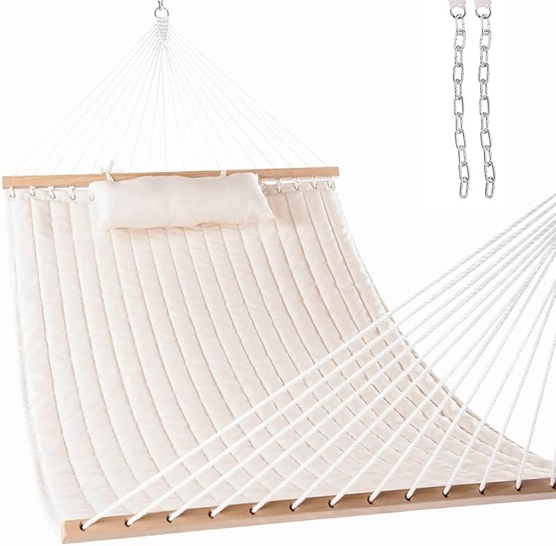 Lazy Daze Hammocks 12 FT Double Quilted Fabric Hammock with Spreader Bar and Detachable Pillow, 2 Person Hammock for Outdoor Patio Backyard Poolside, 450lbs Weight Capacity, Natural - Product Image