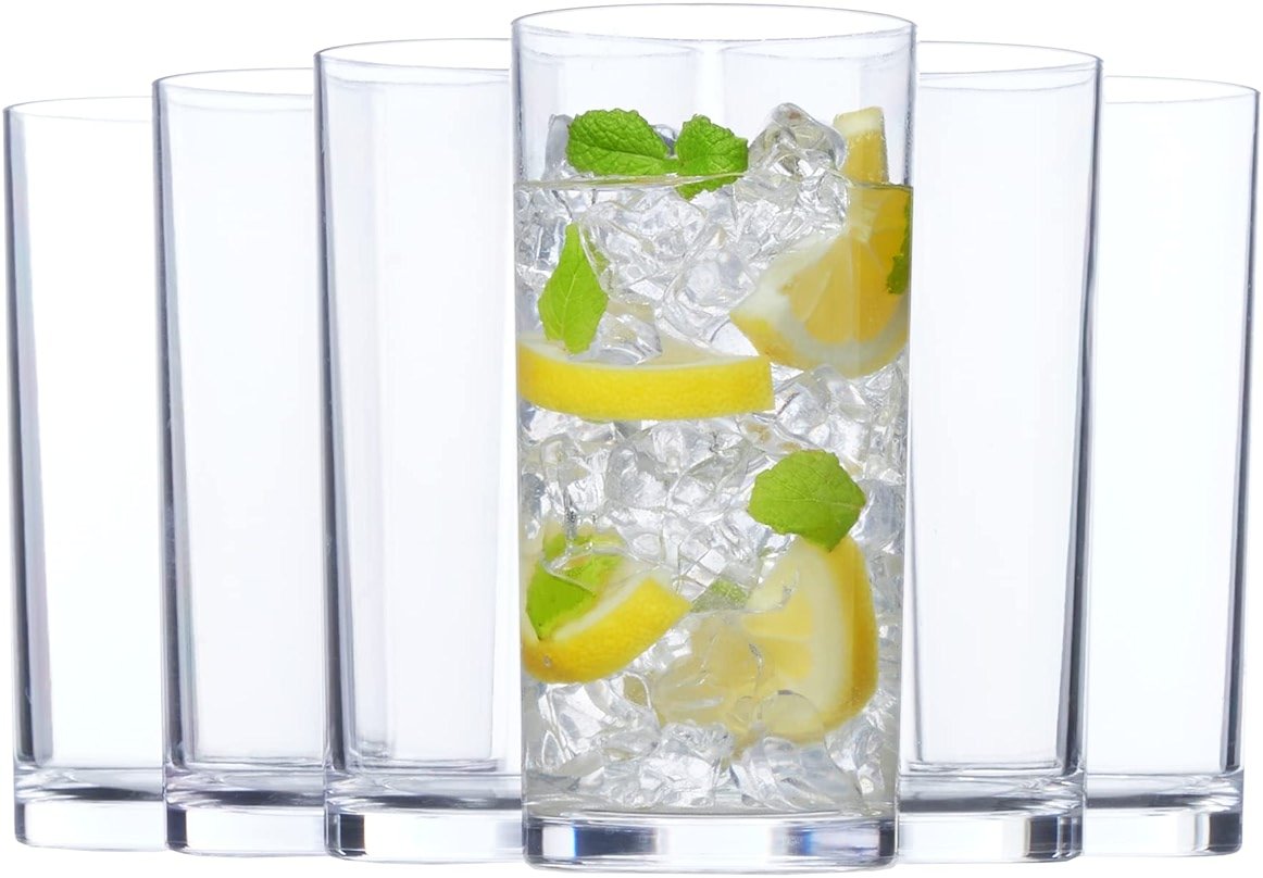 US Acrylic Classic Clear Plastic Reusable Drinking Glasses (Set of 6) 16oz Water Cups | BPA-Free Tumblers, Made in USA | Top-Rack Dishwasher Safe - Product Image