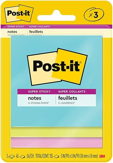 Post-it Super Sticky Notes, 3 Sticky Note Pads, 3 x 3 in., School Supplies, Office Products, Sticky Notes for Vertical Surfaces, Monitors, Walls and Windows, Supernova Neons Collection - Product Image