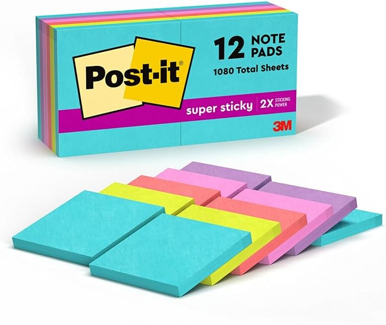 Post-it Super Sticky Notes, 12 Sticky Note Pads, 3 x 3 in., School Supplies, Office Products, 2X the Sticking Power, Supernova Neons Collection - Product Image