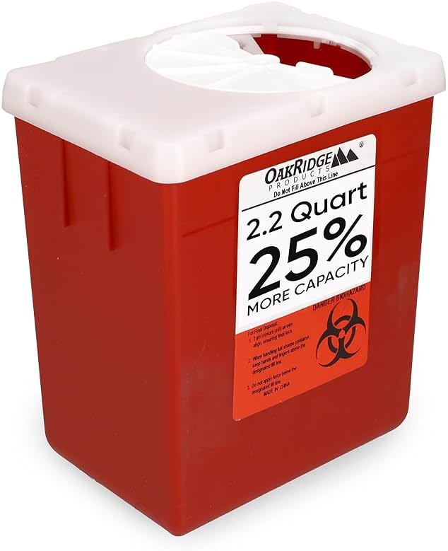 Oakridge Products Transparent Sharps Container for Home Use and Professional 2.2 Quart (1-Pack), Touchless Biohazard Needle and Syringe Disposal, Rotating Lid, CDC Certified - Product Image