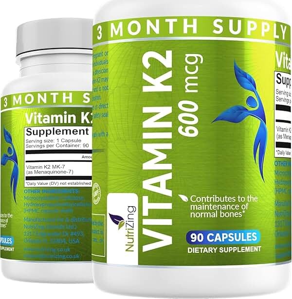 NutriZing K2 Vitamin Supplement MK7-600mcg - 90 Capsules Supports Bone & Arterial Health - High Strength Vegan Capsules - Vitamin K2 MK7 for Men & Women - 3 Month Supply - Product Image