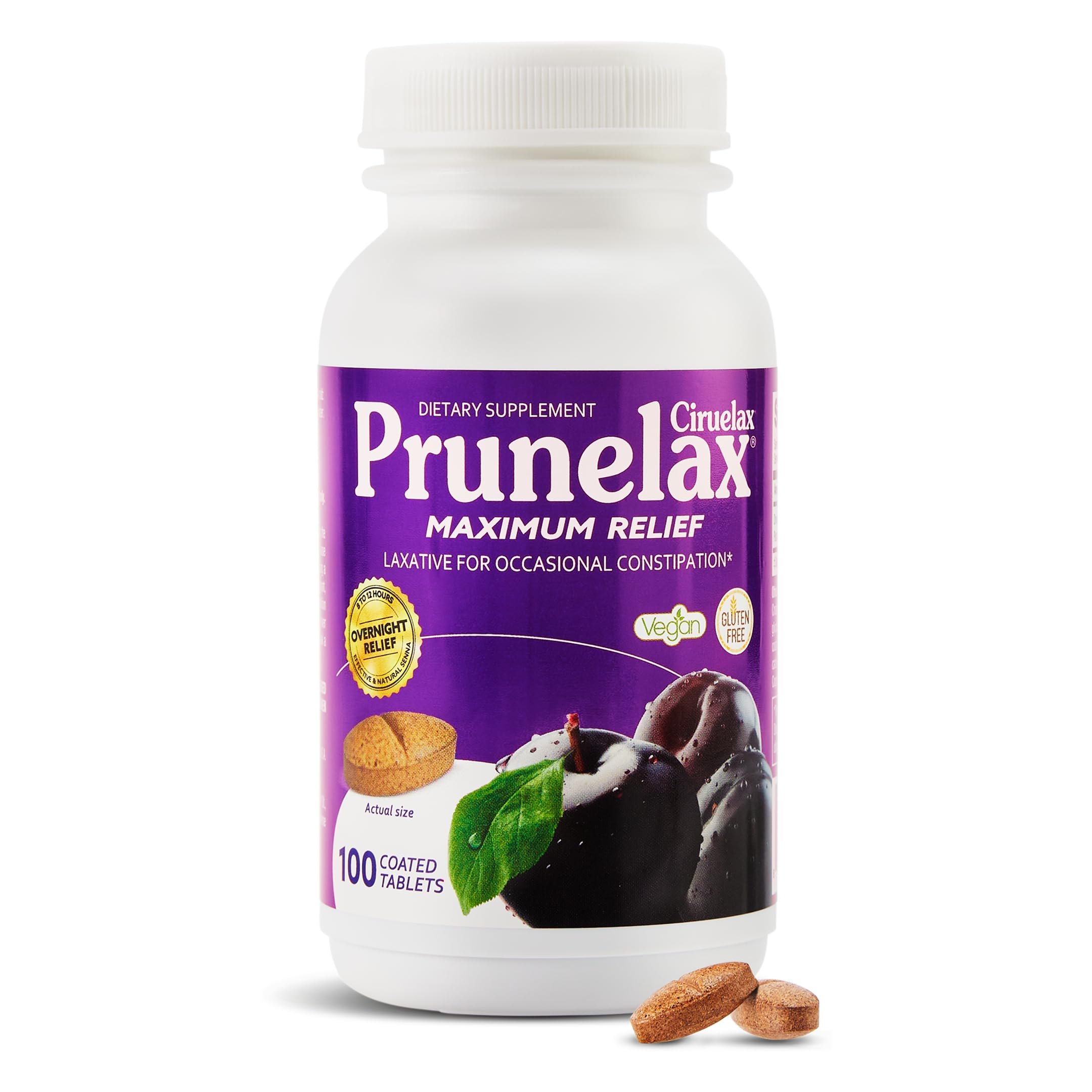 Prunelax Ciruelax Maximum Relief Laxative Tablets with Natural Senna for Occasional Constipation, Senna Extract, Vegan & Gluten-Free, Gentle Overnight Relief - 100ct - Product Image