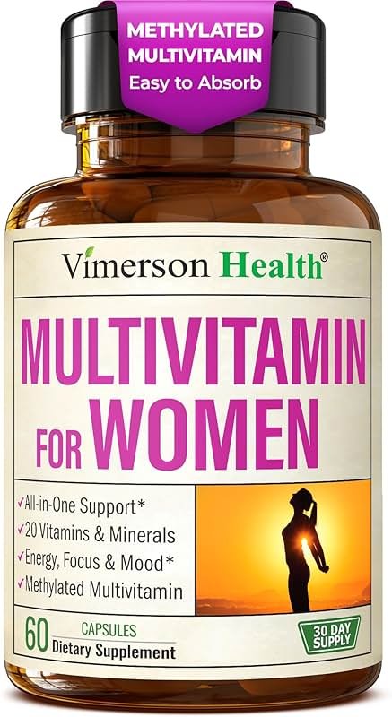 Vimerson Health Multivitamin for Women: Methylated B Vitamins, Chelated Minerals and Bioavailable D3 for Focus and Energy Support – Daily Womens Multivitamins and Multiminerals – 60 Capsules - Product Image