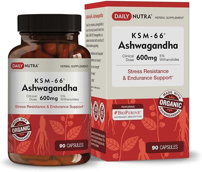 DailyNutra KSM-66 Ashwagandha 600mg Organic Root Extract - High Potency Supplement with 5% Withanolides | Relieves Tiredness, Supports Relaxation, Focus, Energy, & Muscle Growth (90 Capsules) - Product Image