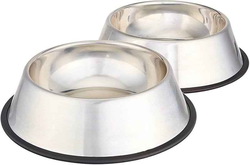 Amazon Basics Stainless Steel Non-Skid Dog Water And Food Bowls, Dishwasher Safe, Rust Resistant, 38oz Capacity, 10 x 2.8 Inches, 2-Pack - Product Image
