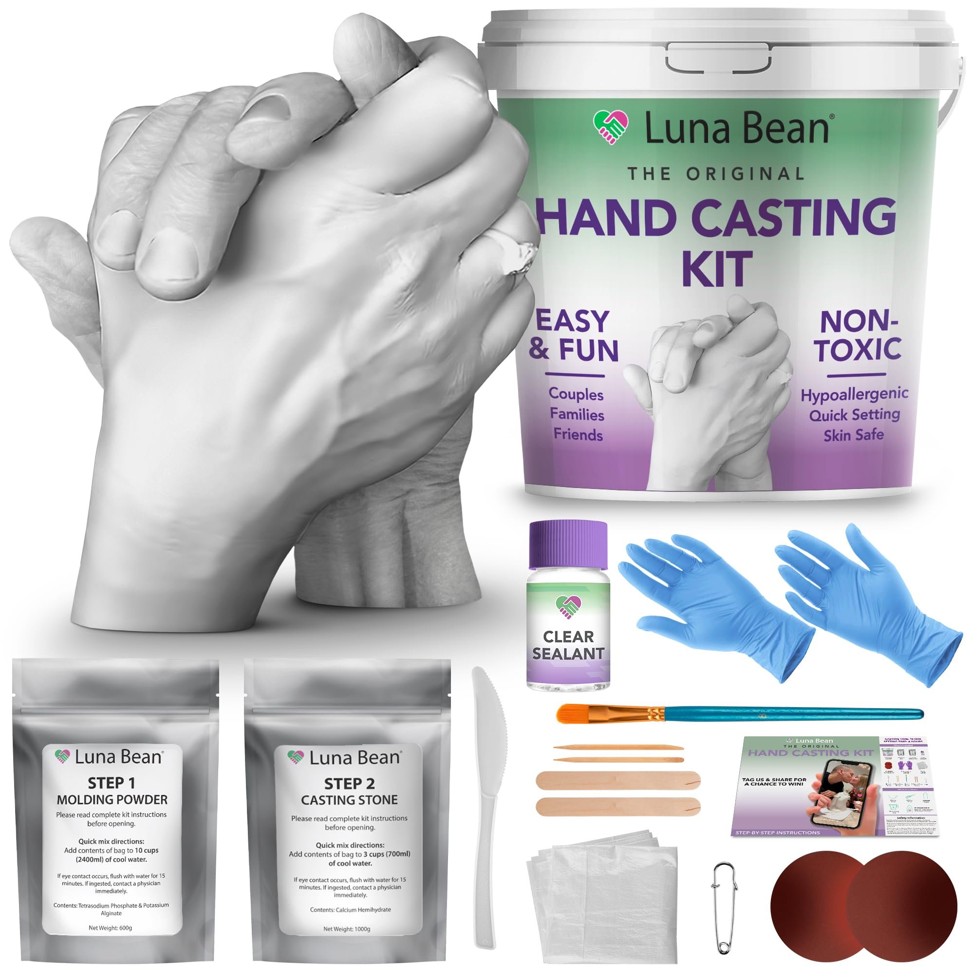 Luna Bean Hand Casting Kit – The Original Hand Mold Kit for Couples – Fathers Day Gift for Dad - Anniversary Engagement Birthday Gifts for Women Men Mom Wife Boyfriend Girlfriend Wedding Bridal Shower - Product Image