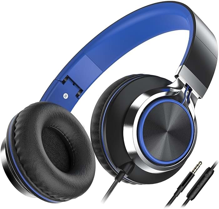 AILIHEN C8 Kids Wired Headphones with Microphone for School, On Ear Headsets with Volume Control Foldable, 3.5mm Jack Computer Chromebook for Children Teens Classroom Online Learning (Black Blue) - Product Image