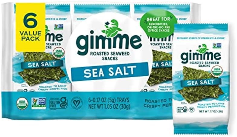 Gimme Seaweed Organic Premium Roasted Seaweed Snacks, Sea Salt, 6 Count, Keto, Vegan, Gluten-Free, Great Source of Omega3s and Iodine, Healthy On-The-Go Snack for Kids and Adults - Product Image
