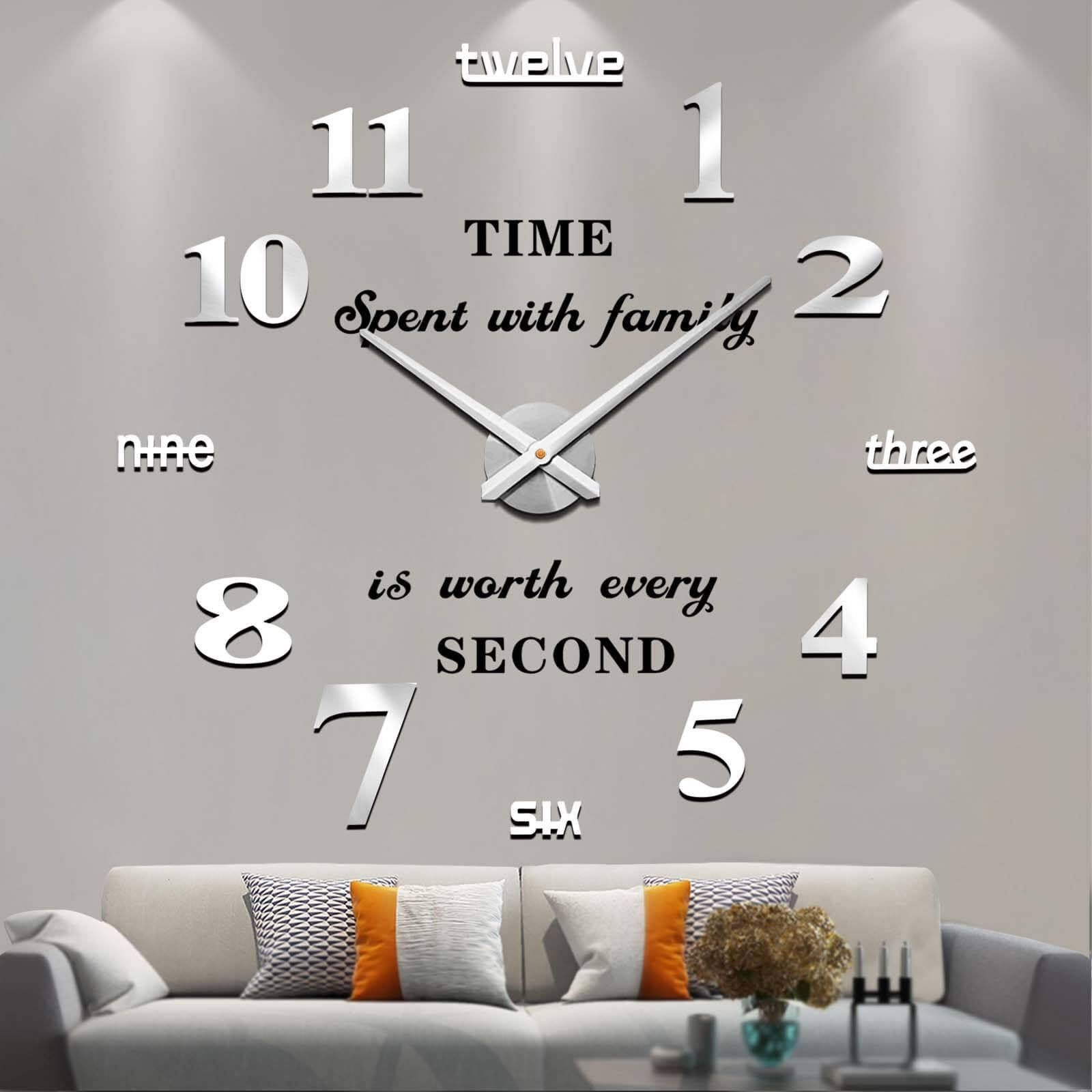 VANGOLD Large Wall Clocks for Living Room Decor, DIY Wall Clock Modern 3D Wall Clock with Mirror Numbers Stickers for Home Office Decorations Ideas (Black) - Product Image