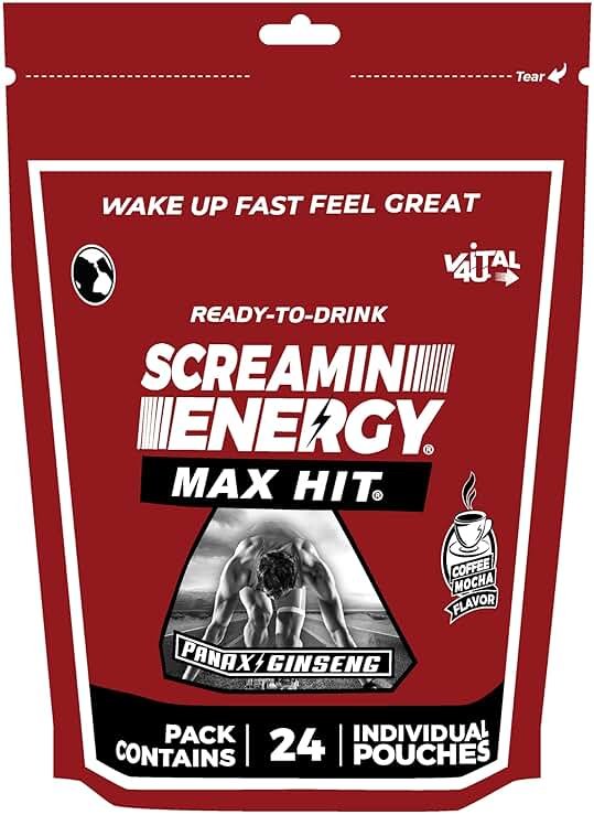 Screamin Energy Max Hit Coffee Mocha Energy Shot Pouches, 24 Count, Extra Strength Caffeine with Panax Ginseng and B Vitamins - Product Image